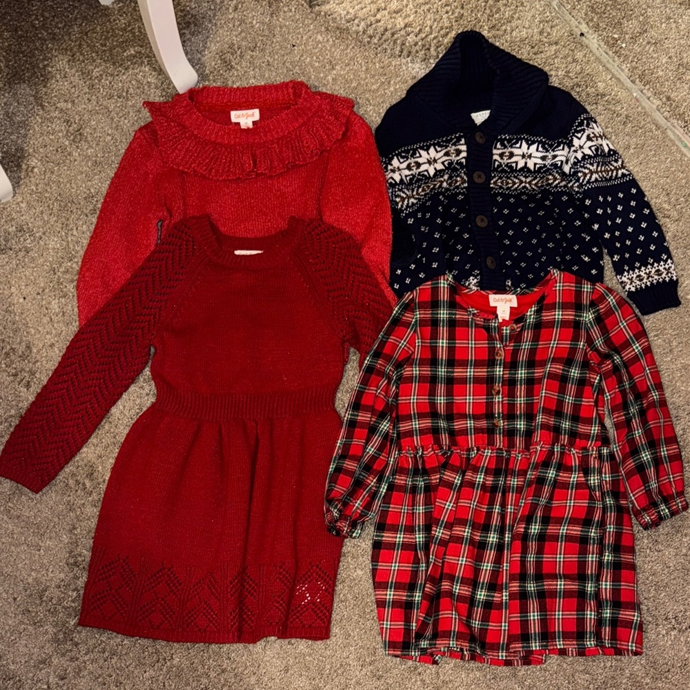 Cat & Jack Red and Navy Kids Sweaters and Dresses 4T LOT - 7 Items